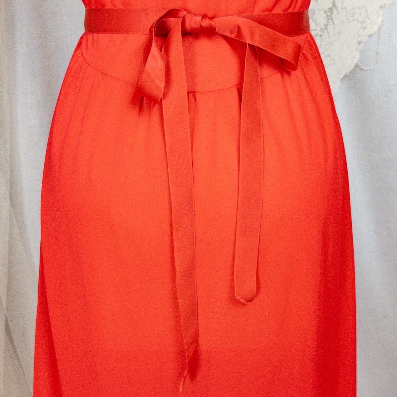 1950s - 1960s Nightgown - Crimson Red Nylon with Shirred Detail & Lace Trim by Artemis - Daggers & Dames