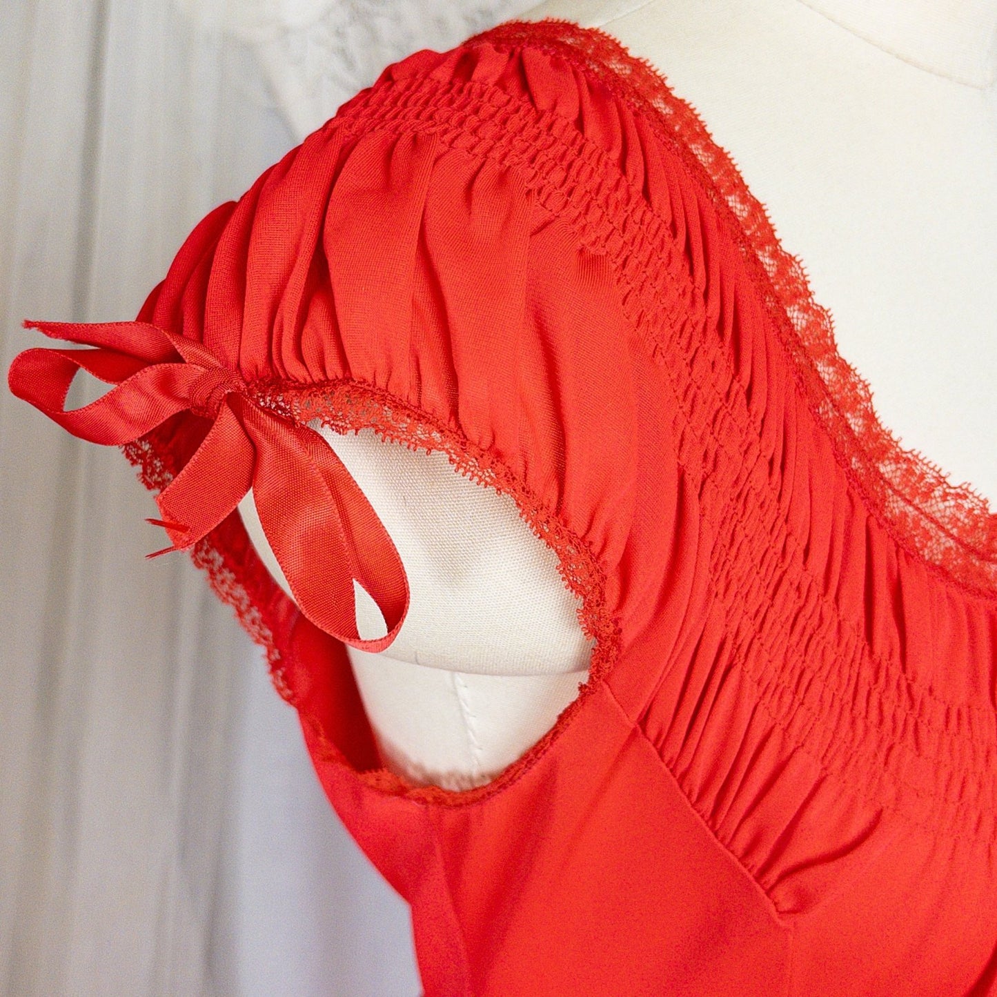 1950s - 1960s Nightgown - Crimson Red Nylon with Shirred Detail & Lace Trim by Artemis - Daggers & Dames
