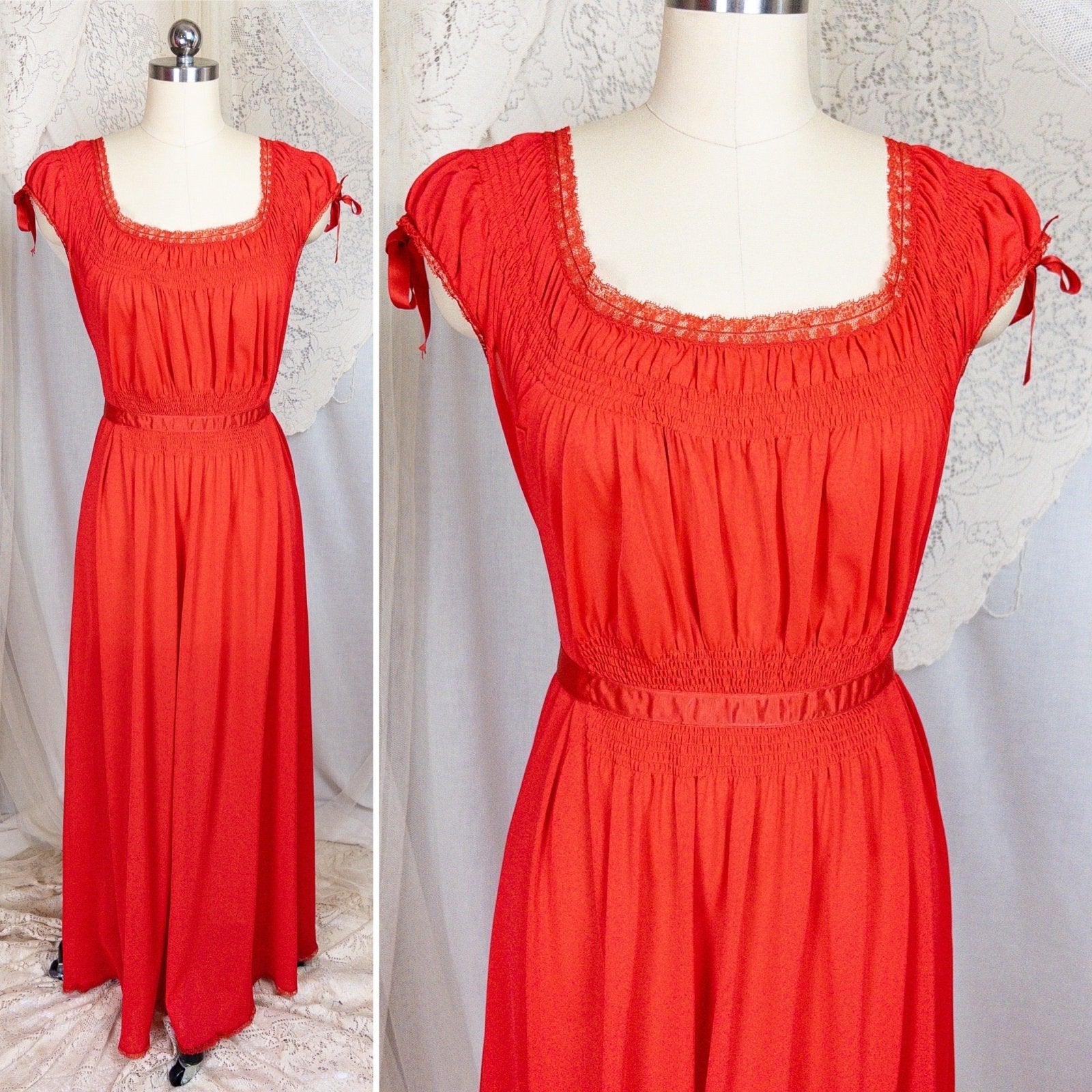 1950s - 1960s Nightgown - Crimson Red Nylon with Shirred Detail & Lace Trim by Artemis - Daggers & Dames