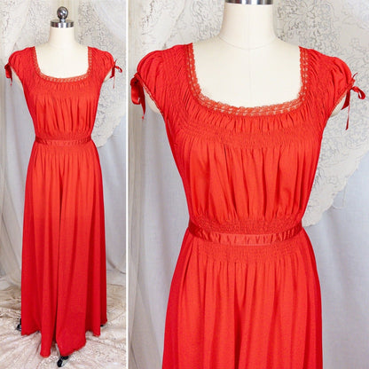 1950s - 1960s Nightgown - Crimson Red Nylon with Shirred Detail & Lace Trim by Artemis - Daggers & Dames