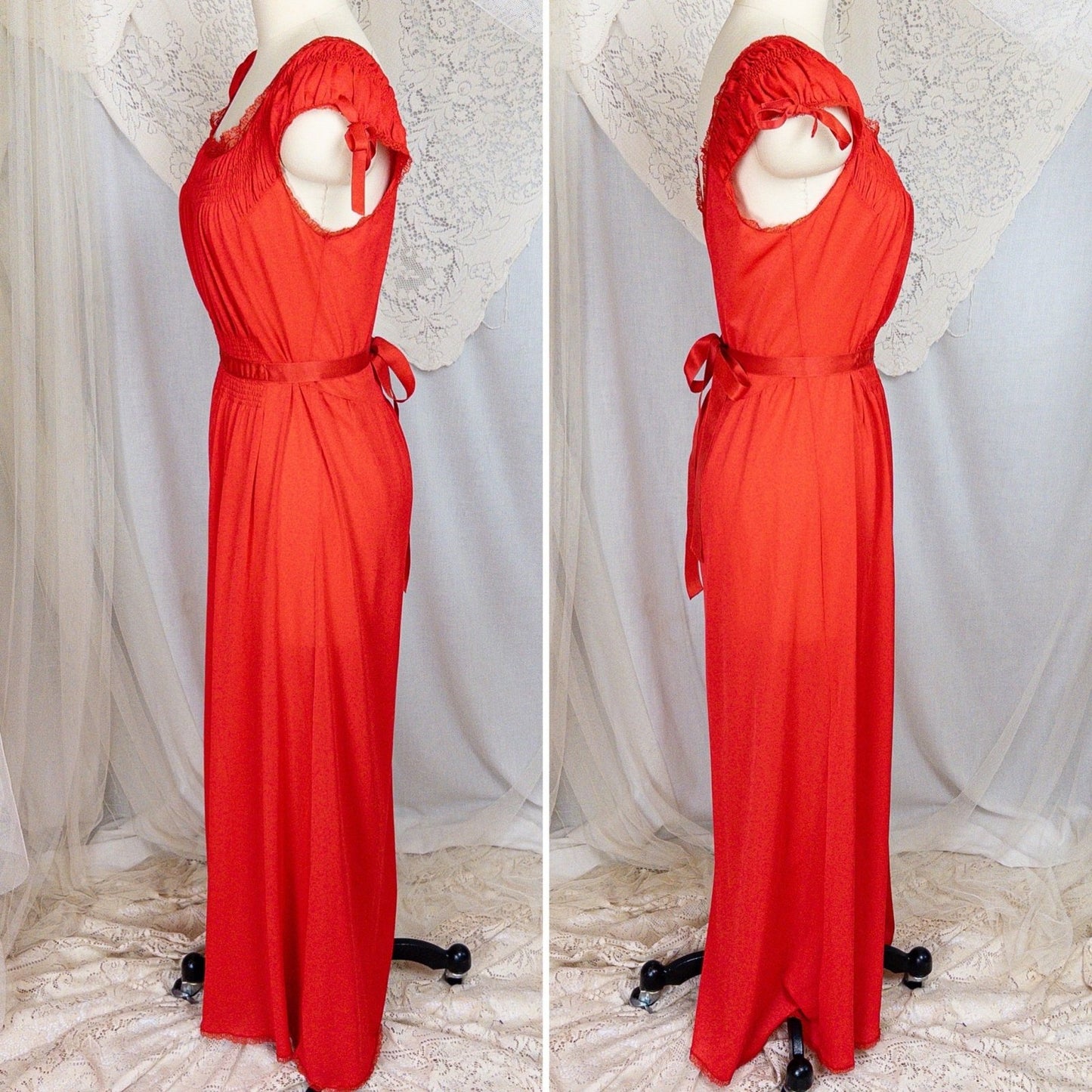 1950s - 1960s Nightgown - Crimson Red Nylon with Shirred Detail & Lace Trim by Artemis - Daggers & Dames