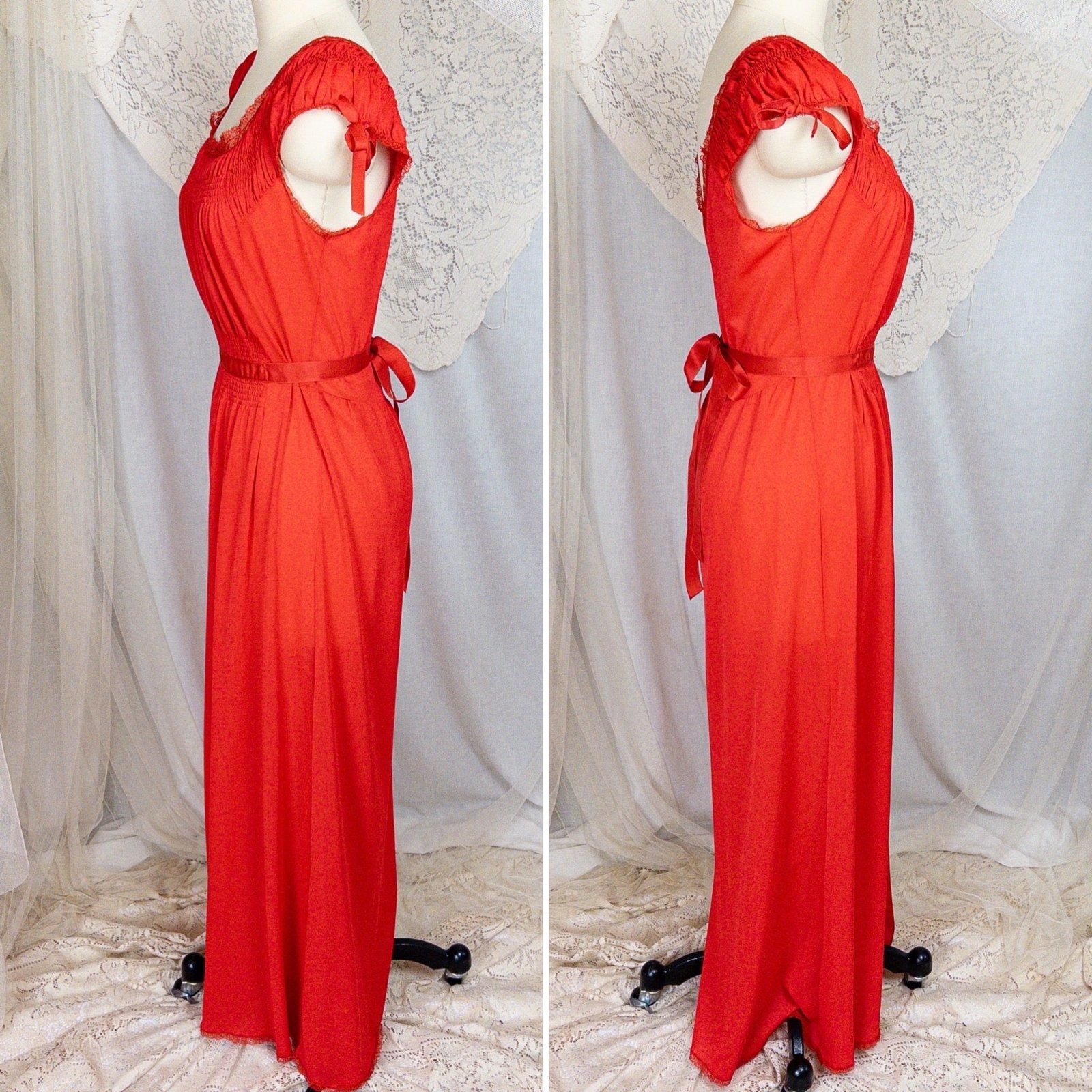 1950s - 1960s Nightgown - Crimson Red Nylon with Shirred Detail & Lace Trim by Artemis - Daggers & Dames
