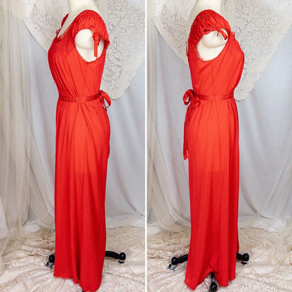 1950s - 1960s Nightgown - Crimson Red Nylon with Shirred Detail & Lace Trim by Artemis - Daggers & Dames