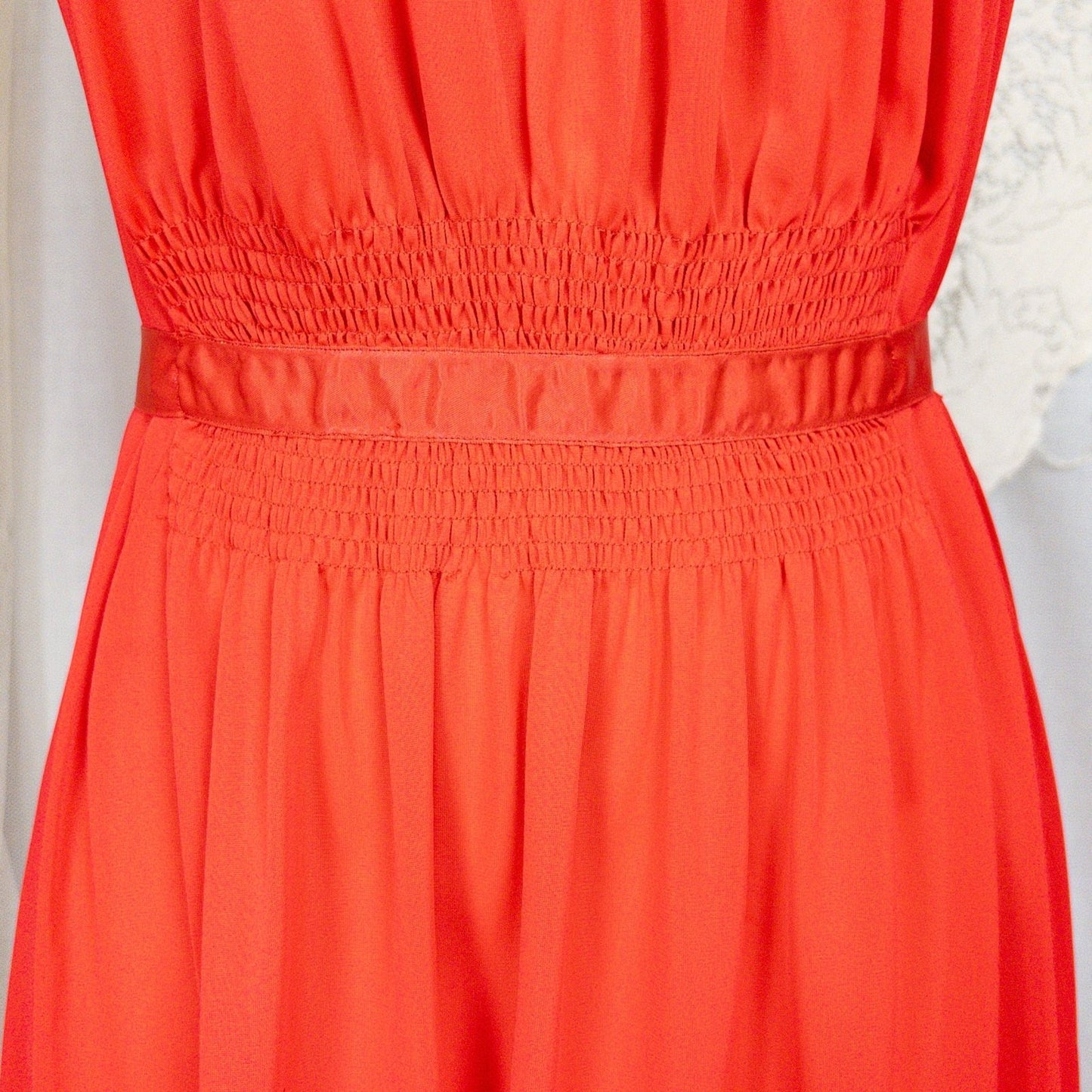 1950s - 1960s Nightgown - Crimson Red Nylon with Shirred Detail & Lace Trim by Artemis - Daggers & Dames