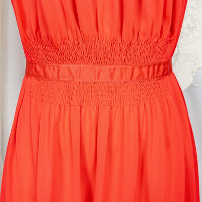 1950s - 1960s Nightgown - Crimson Red Nylon with Shirred Detail & Lace Trim by Artemis - Daggers & Dames
