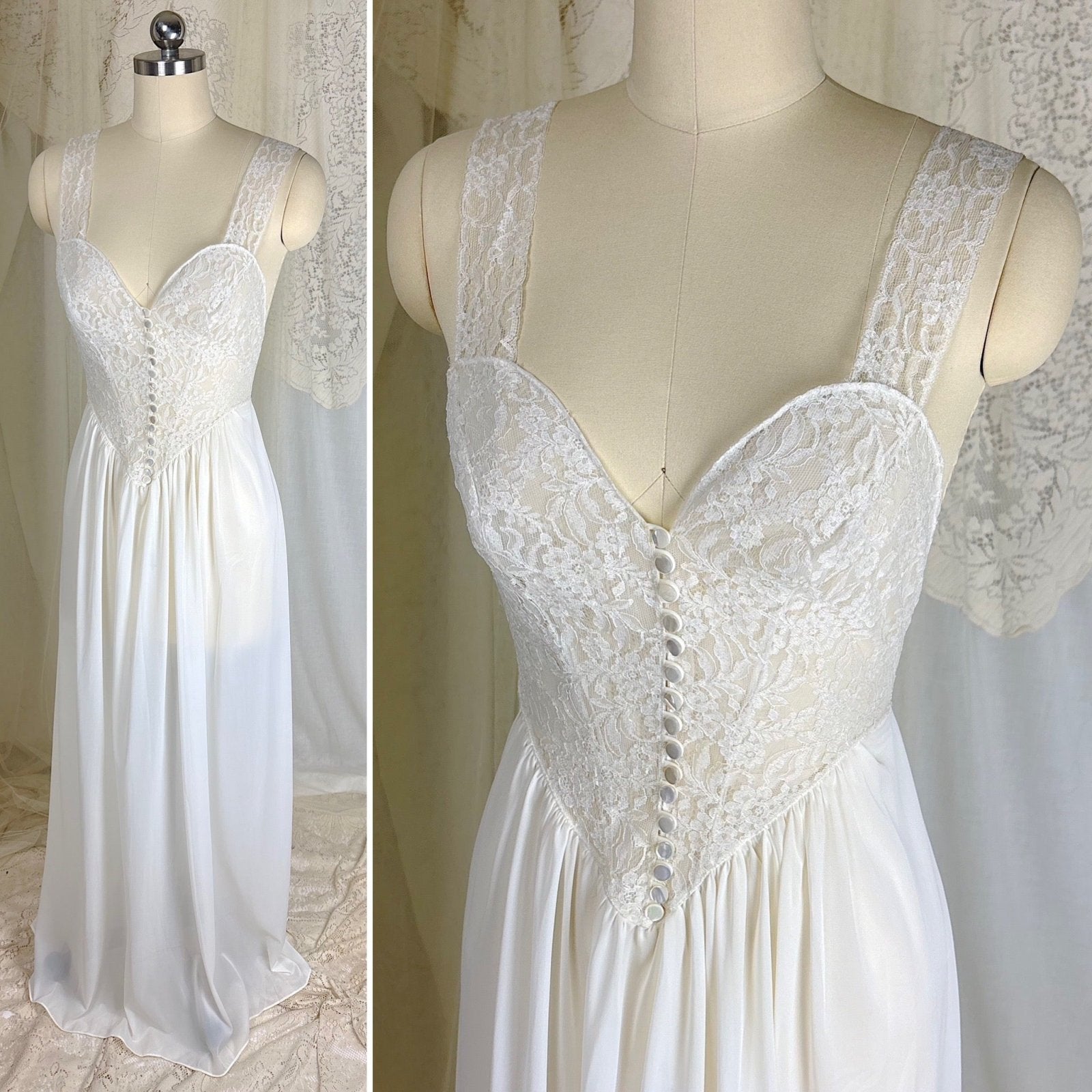 1950's - 1960's Nightgown - White Nylon with Heart Shaped Lace Button - up Bodice & Open Back by Colura - Daggers & Dames