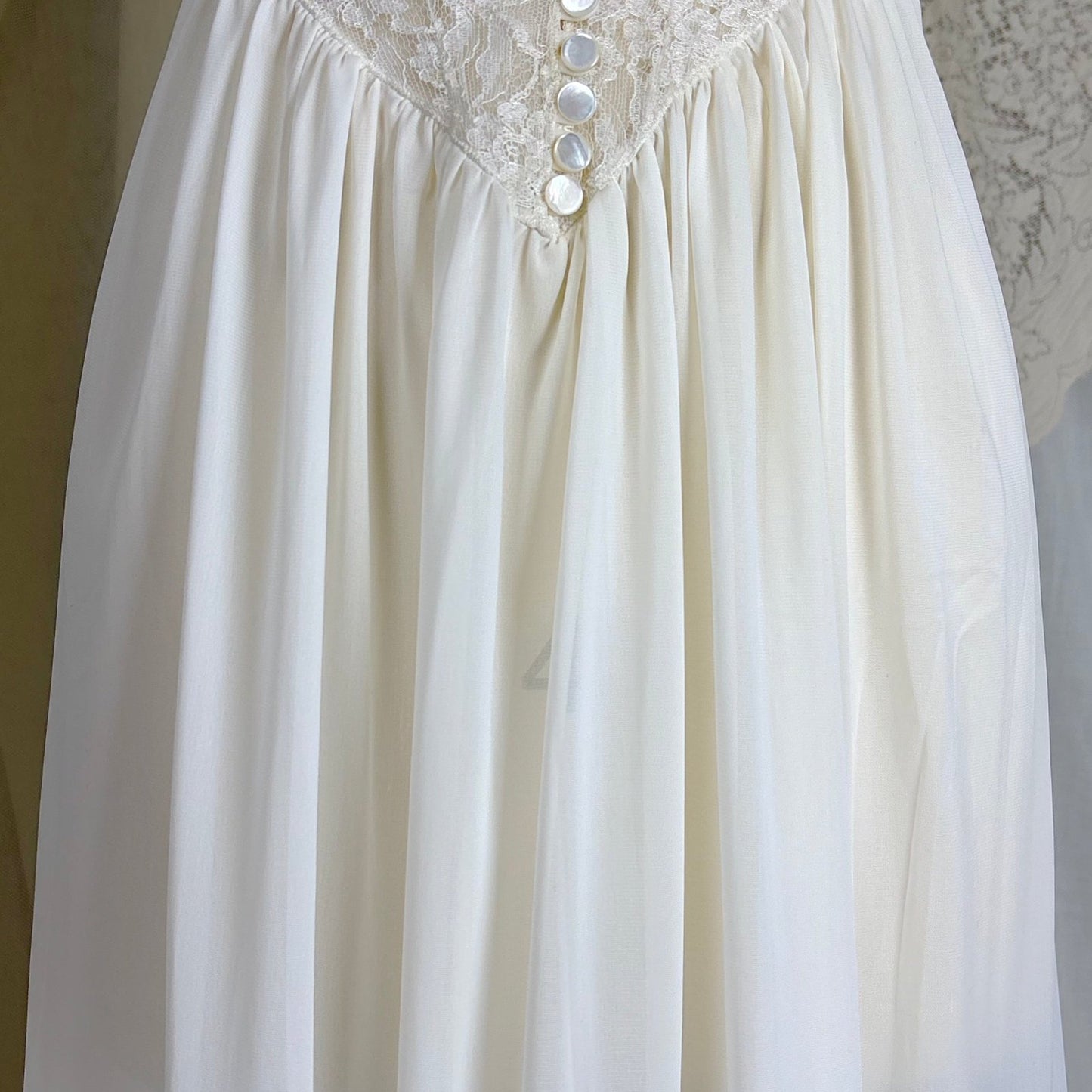 1950's - 1960's Nightgown - White Nylon with Heart Shaped Lace Button - up Bodice & Open Back by Colura - Daggers & Dames