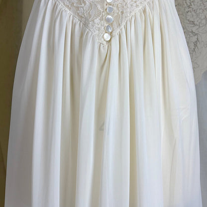 1950's - 1960's Nightgown - White Nylon with Heart Shaped Lace Button - up Bodice & Open Back by Colura - Daggers & Dames