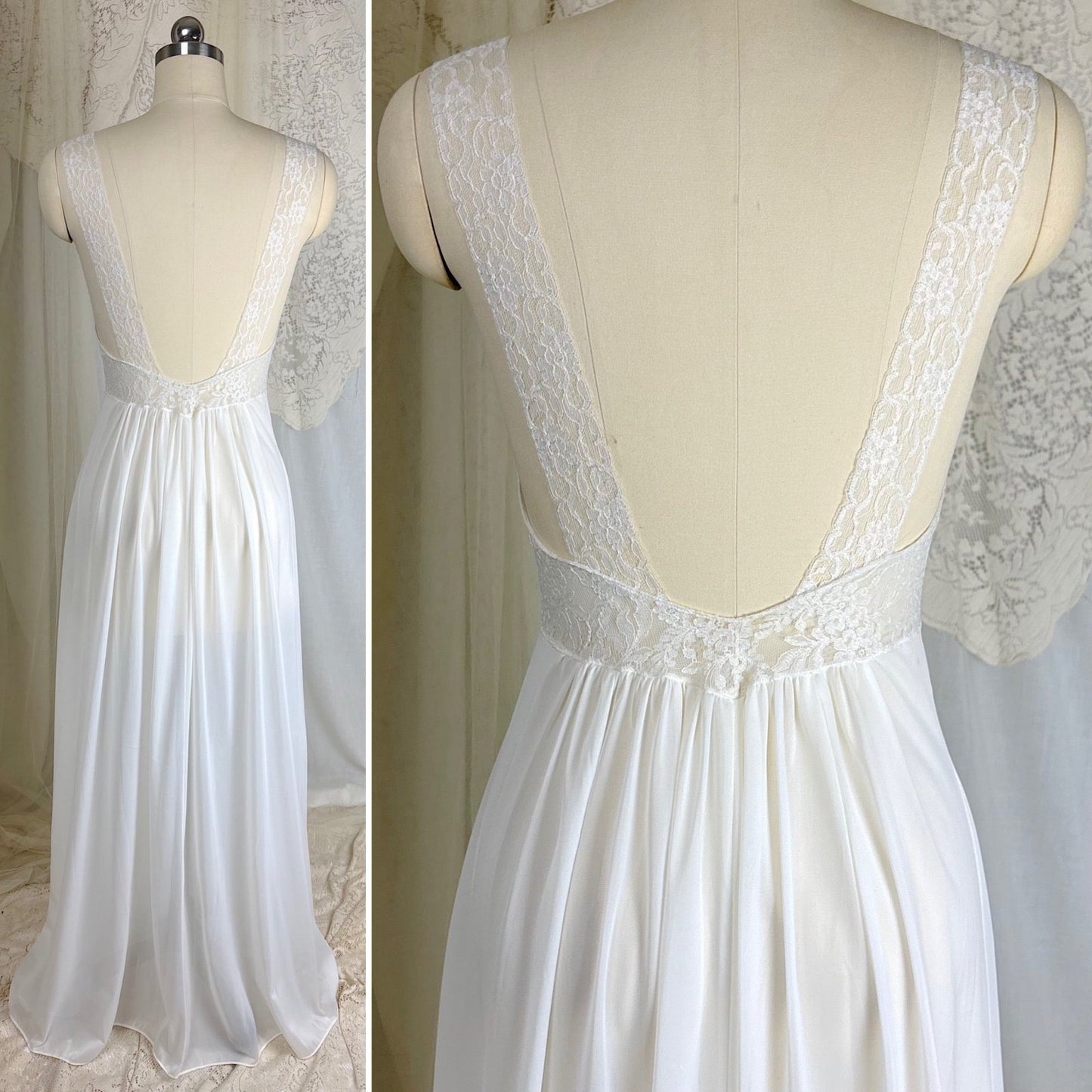 1950's - 1960's Nightgown - White Nylon with Heart Shaped Lace Button - up Bodice & Open Back by Colura - Daggers & Dames