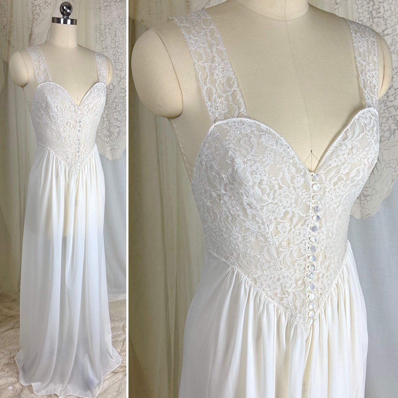 1950's - 1960's Nightgown - White Nylon with Heart Shaped Lace Button - up Bodice & Open Back by Colura - Daggers & Dames