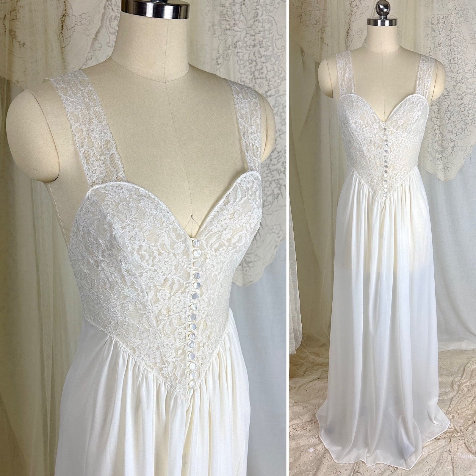 1950's - 1960's Nightgown - White Nylon with Heart Shaped Lace Button - up Bodice & Open Back by Colura - Daggers & Dames