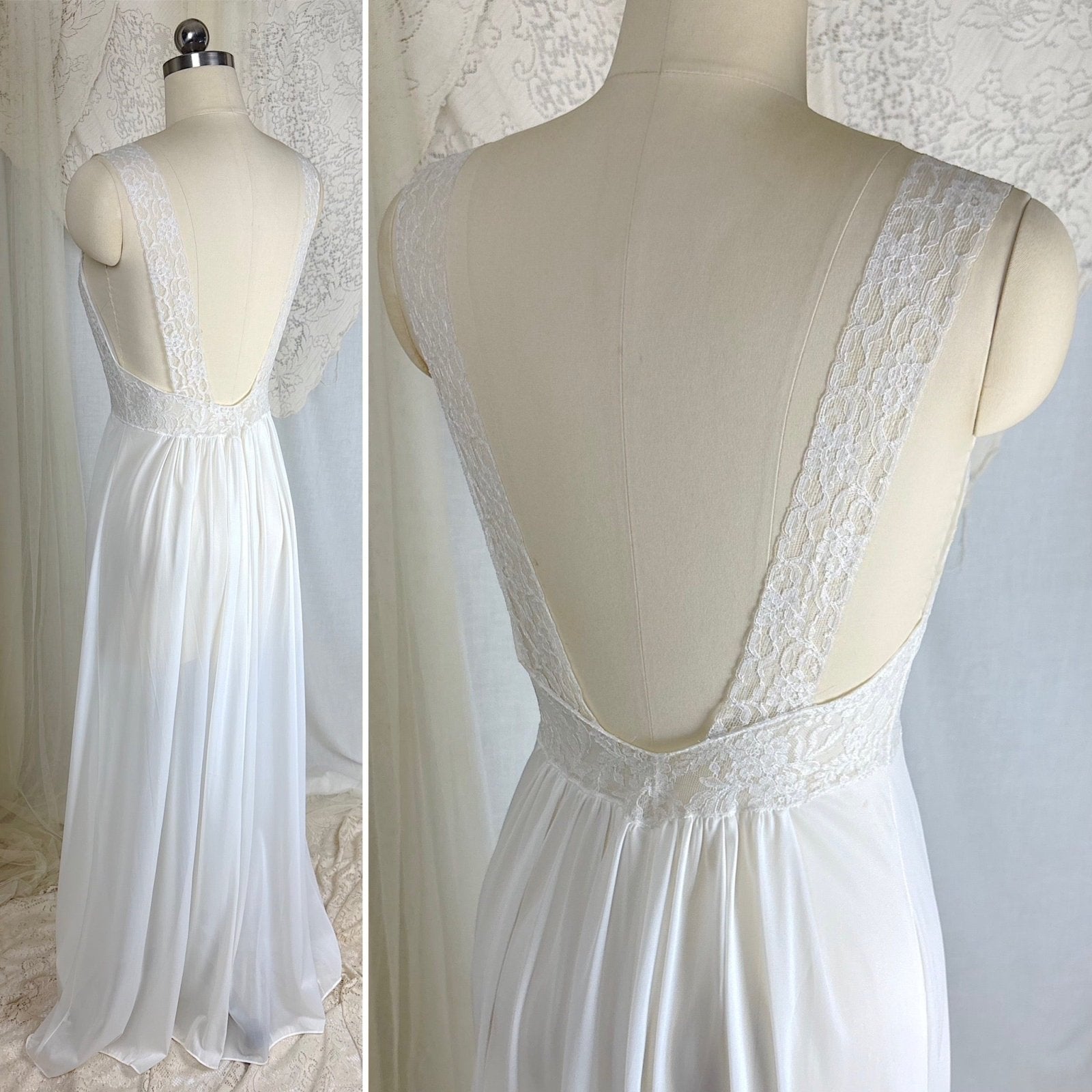 1950's - 1960's Nightgown - White Nylon with Heart Shaped Lace Button - up Bodice & Open Back by Colura - Daggers & Dames