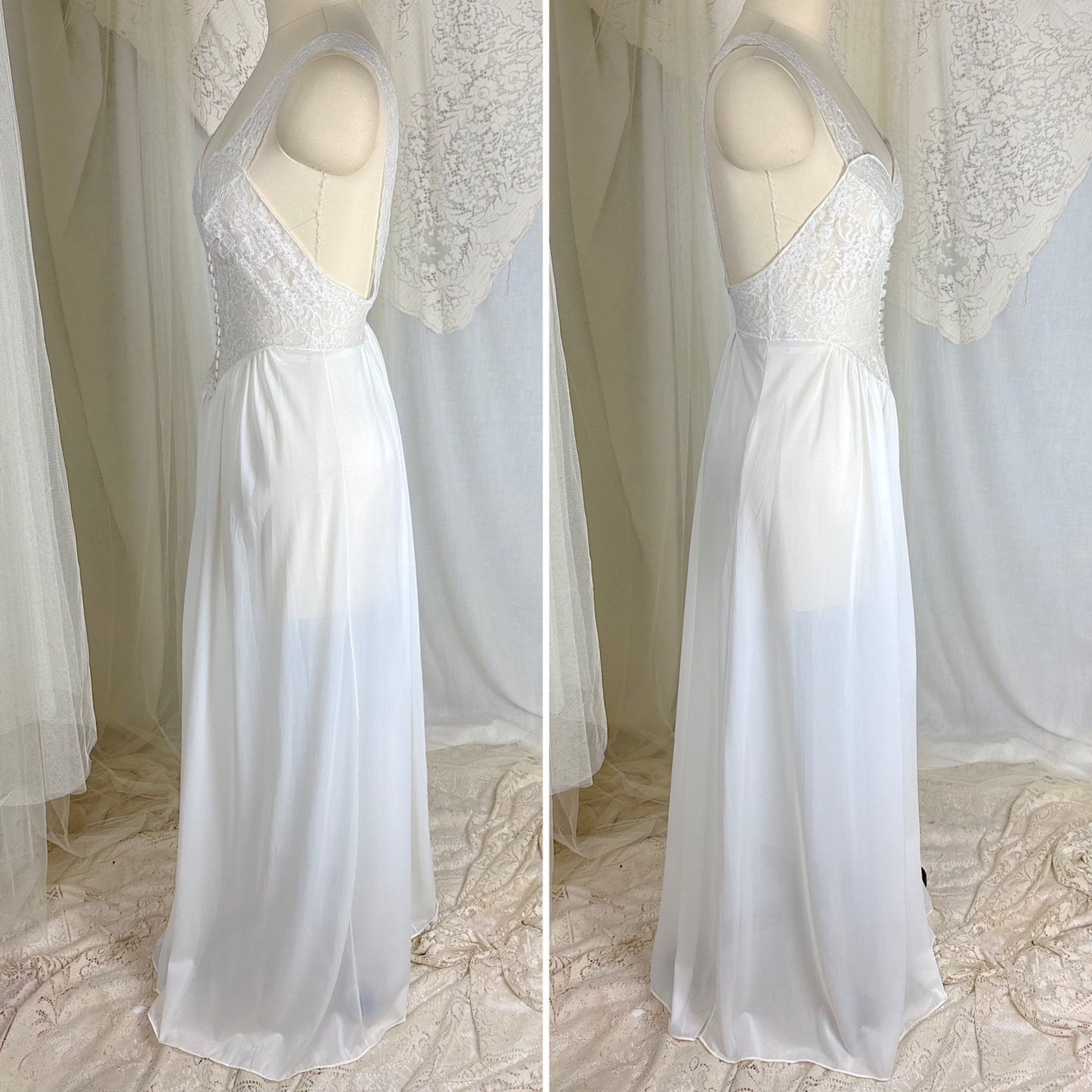 1950's - 1960's Nightgown - White Nylon with Heart Shaped Lace Button - up Bodice & Open Back by Colura - Daggers & Dames