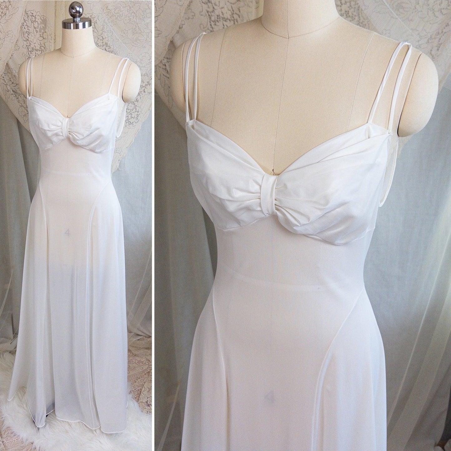 1950s Nightgown & Peignoir Set - White Nylon with Large Satin Bow Detail & Portrait Collar by Rogers | Small, Medium - Daggers & Dames