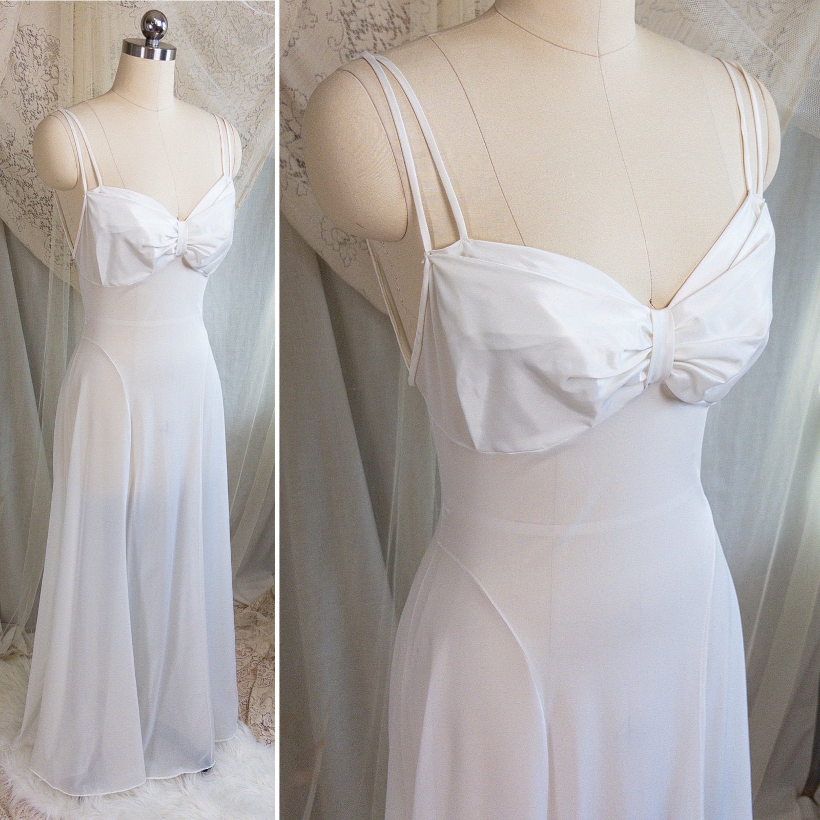 1950s Nightgown & Peignoir Set - White Nylon with Large Satin Bow Detail & Portrait Collar by Rogers | Small, Medium - Daggers & Dames