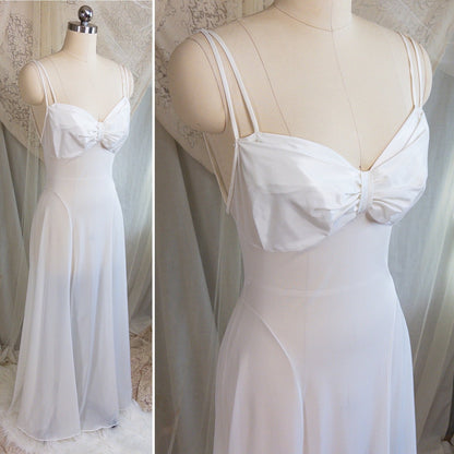 1950s Nightgown & Peignoir Set - White Nylon with Large Satin Bow Detail & Portrait Collar by Rogers | Small, Medium - Daggers & Dames