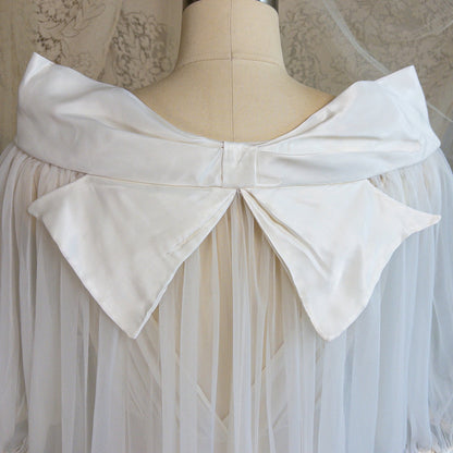 1950s Nightgown & Peignoir Set - White Nylon with Large Satin Bow Detail & Portrait Collar by Rogers | Small, Medium - Daggers & Dames