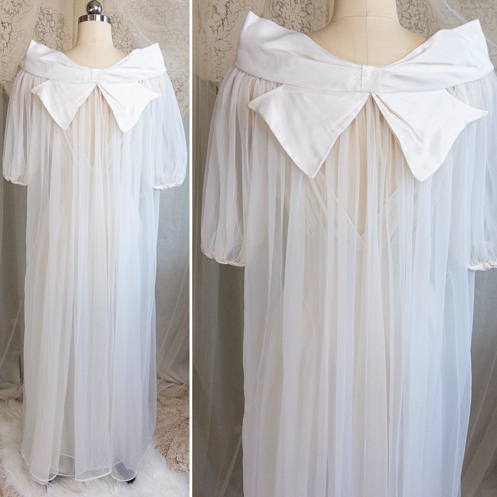 1950s Nightgown & Peignoir Set - White Nylon with Large Satin Bow Detail & Portrait Collar by Rogers | Small, Medium - Daggers & Dames