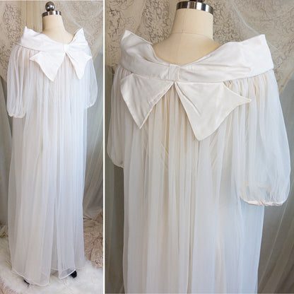 1950s Nightgown & Peignoir Set - White Nylon with Large Satin Bow Detail & Portrait Collar by Rogers | Small, Medium - Daggers & Dames