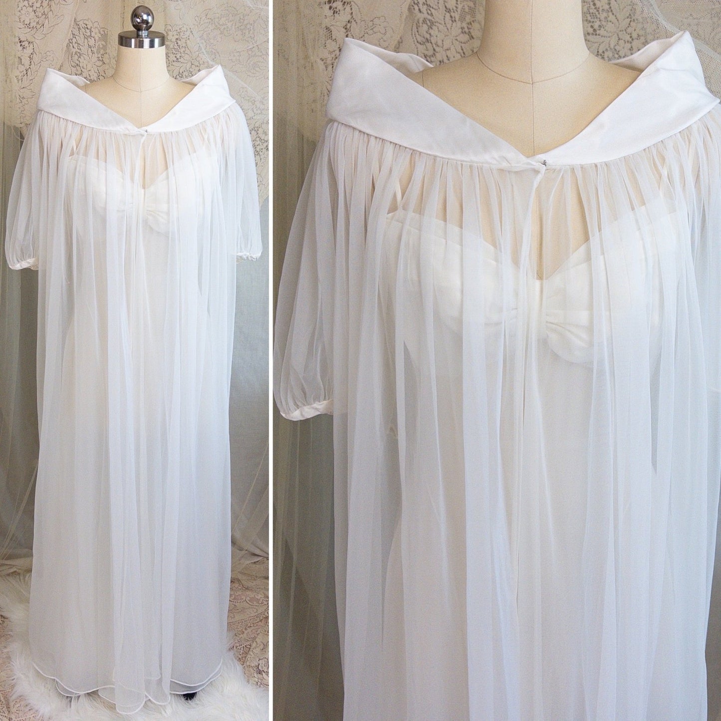 1950s Nightgown & Peignoir Set - White Nylon with Large Satin Bow Detail & Portrait Collar by Rogers | Small, Medium - Daggers & Dames