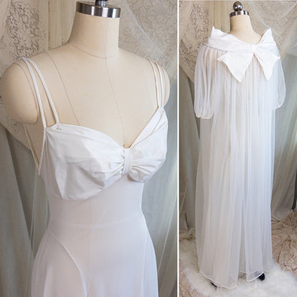 1950s Nightgown & Peignoir Set - White Nylon with Large Satin Bow Detail & Portrait Collar by Rogers | Small, Medium - Daggers & Dames