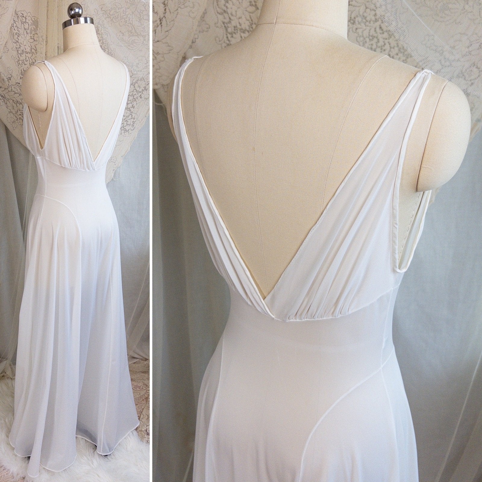 1950s Nightgown & Peignoir Set - White Nylon with Large Satin Bow Detail & Portrait Collar by Rogers | Small, Medium - Daggers & Dames