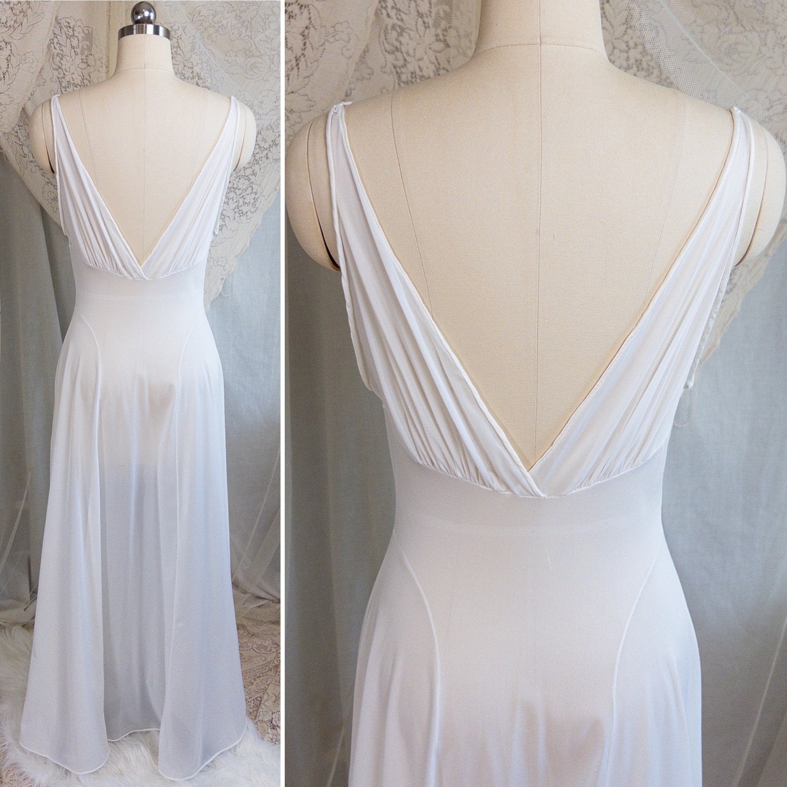 1950s Nightgown & Peignoir Set - White Nylon with Large Satin Bow Detail & Portrait Collar by Rogers | Small, Medium - Daggers & Dames