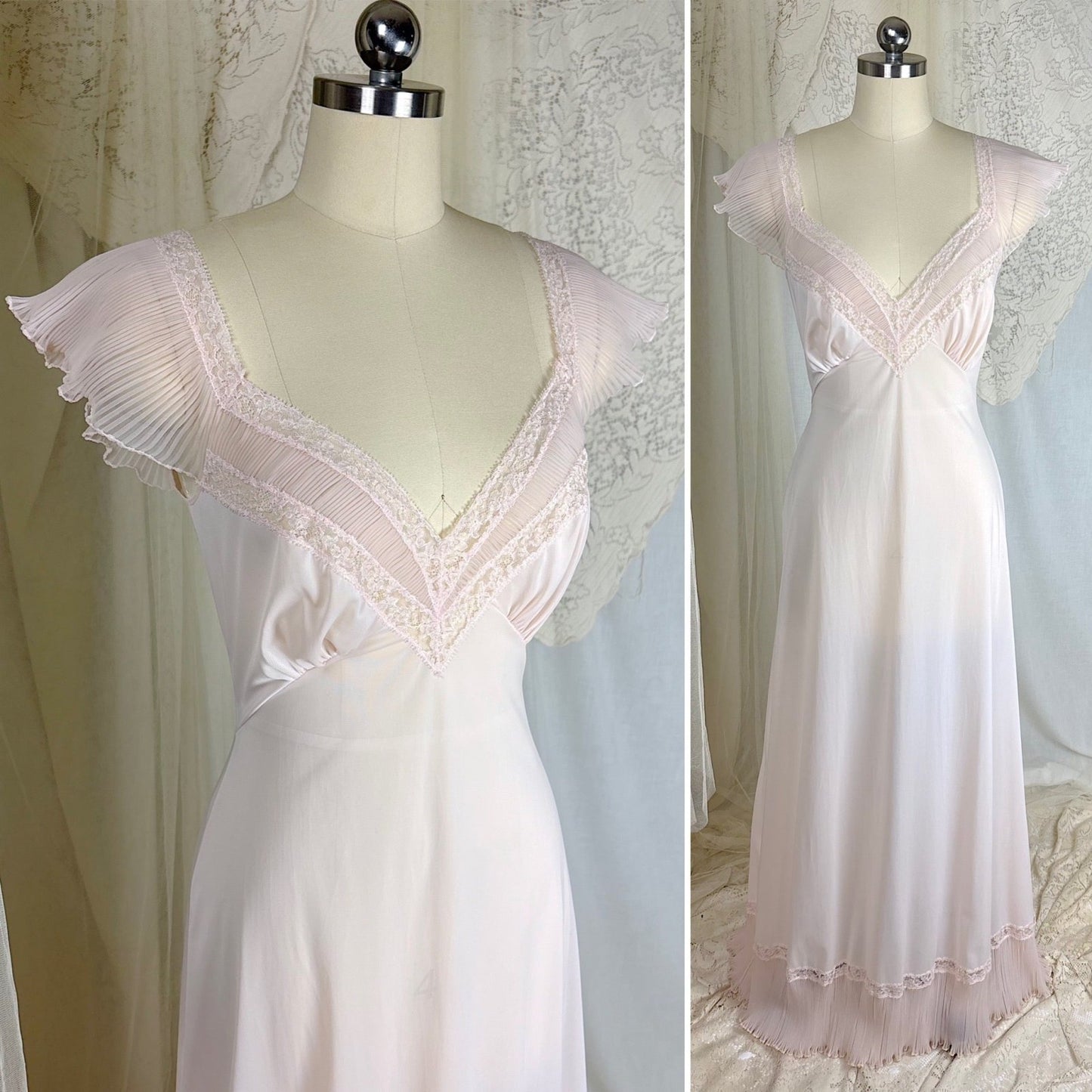 1950's Nightgown - Powder Pink Nylon with Ruffled Crystal Pleated Chiffon by Vanity Fair - Daggers & Dames