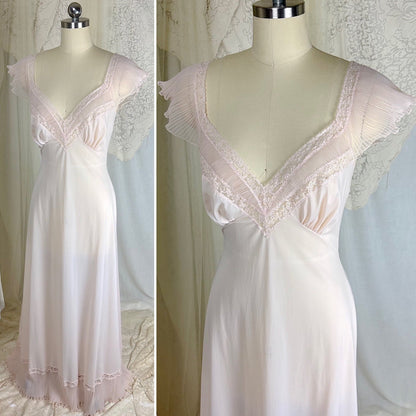 1950's Nightgown - Powder Pink Nylon with Ruffled Crystal Pleated Chiffon by Vanity Fair - Daggers & Dames
