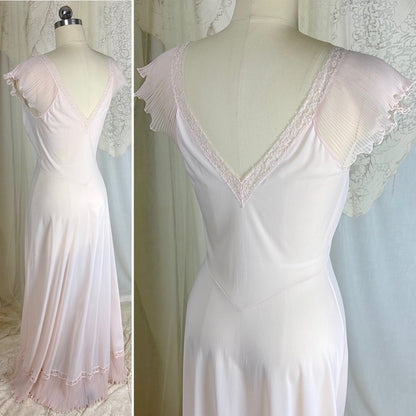 1950's Nightgown - Powder Pink Nylon with Ruffled Crystal Pleated Chiffon by Vanity Fair - Daggers & Dames