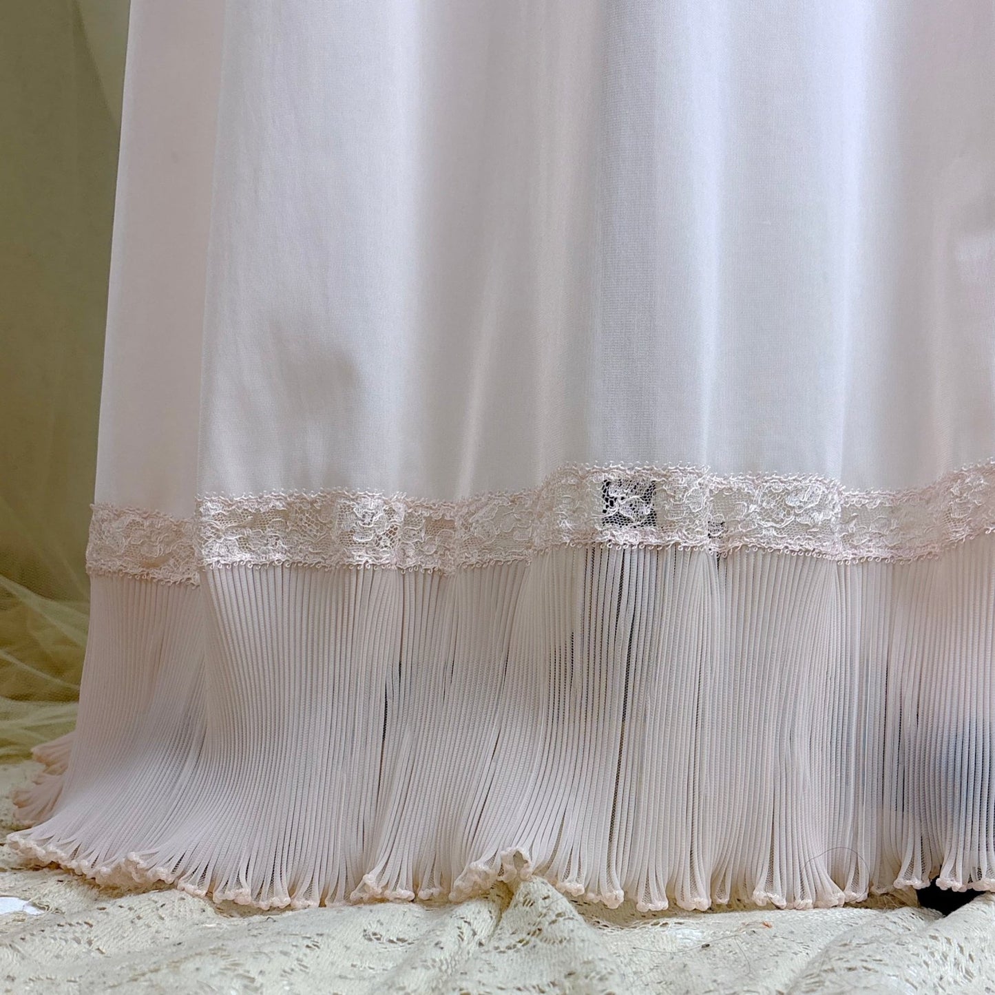 1950's Nightgown - Powder Pink Nylon with Ruffled Crystal Pleated Chiffon by Vanity Fair - Daggers & Dames