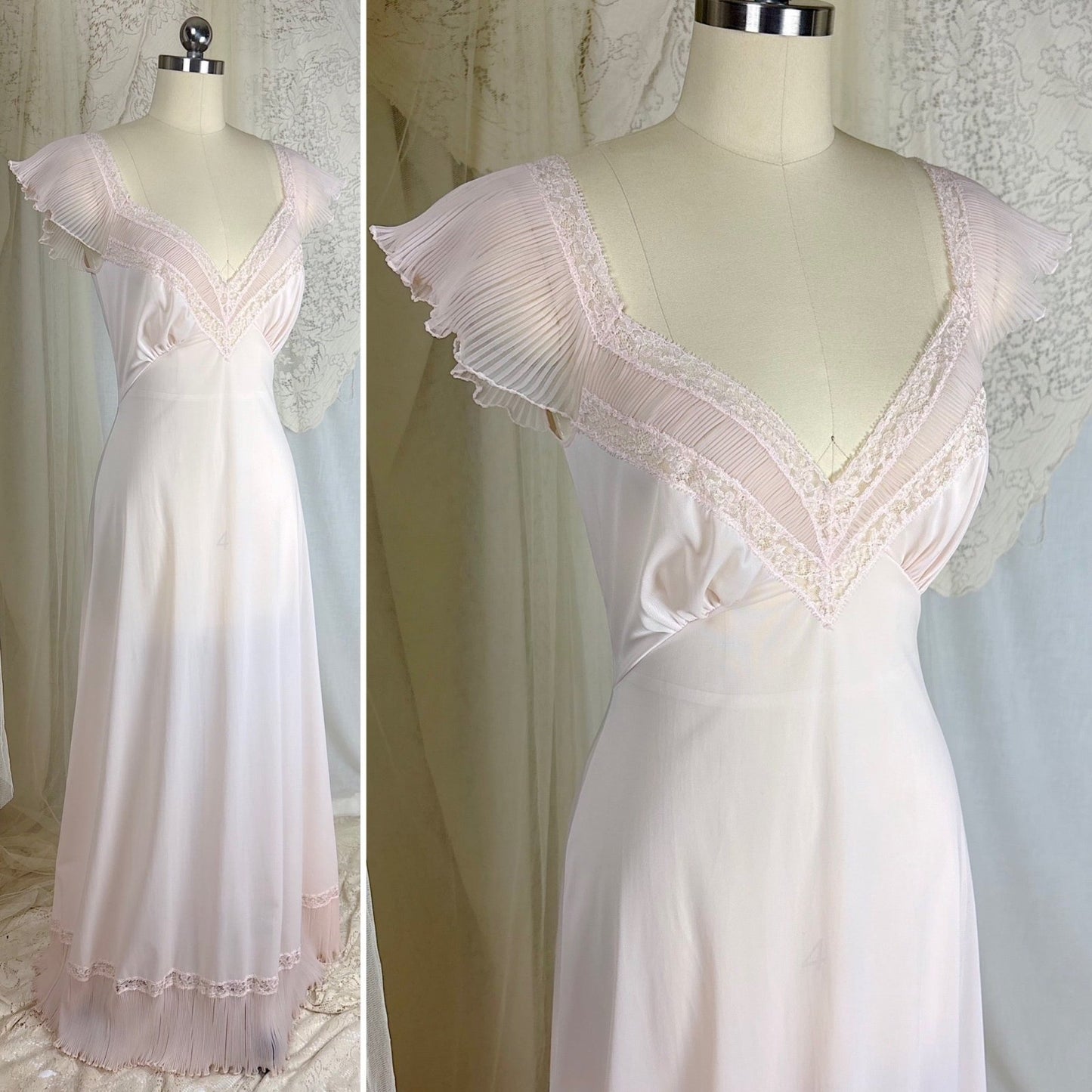 1950's Nightgown - Powder Pink Nylon with Ruffled Crystal Pleated Chiffon by Vanity Fair - Daggers & Dames