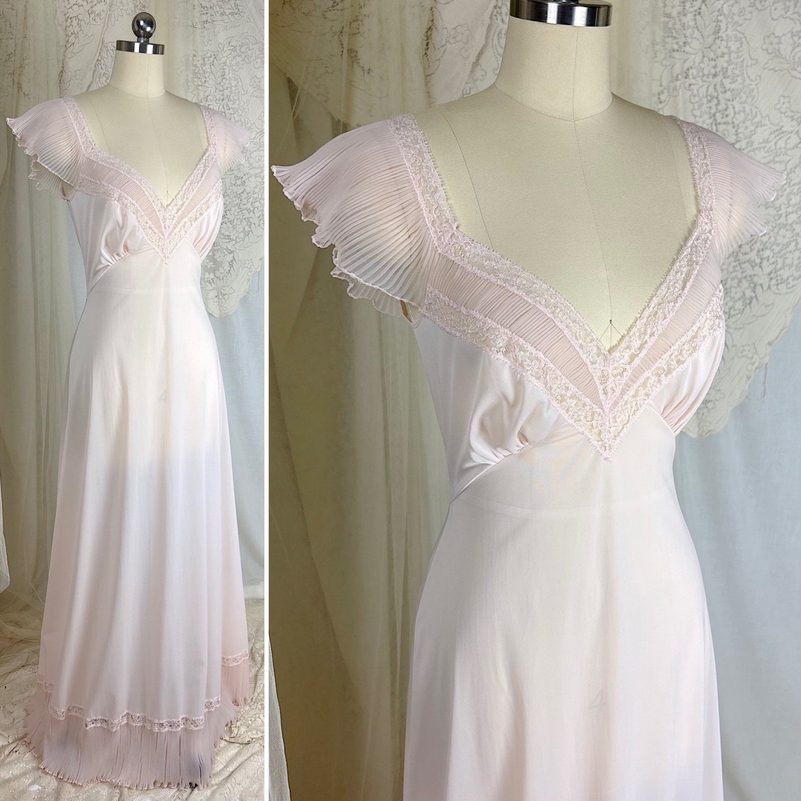 1950's Nightgown - Powder Pink Nylon with Ruffled Crystal Pleated Chiffon by Vanity Fair - Daggers & Dames