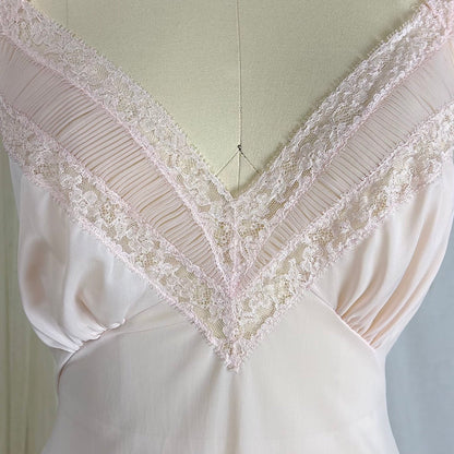 1950's Nightgown - Powder Pink Nylon with Ruffled Crystal Pleated Chiffon by Vanity Fair - Daggers & Dames