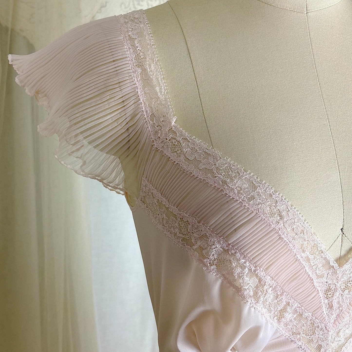 1950's Nightgown - Powder Pink Nylon with Ruffled Crystal Pleated Chiffon by Vanity Fair - Daggers & Dames