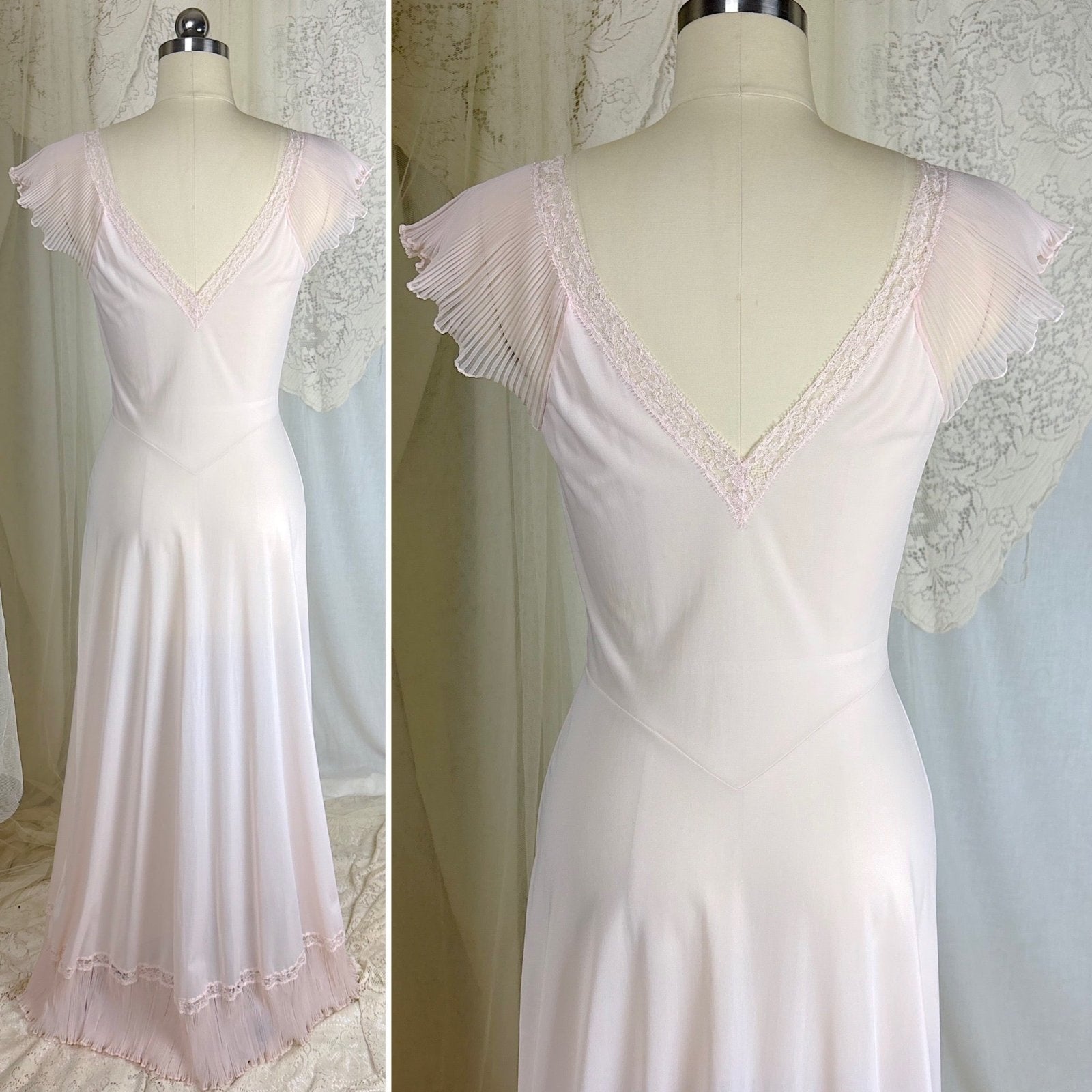 1950's Nightgown - Powder Pink Nylon with Ruffled Crystal Pleated Chiffon by Vanity Fair - Daggers & Dames