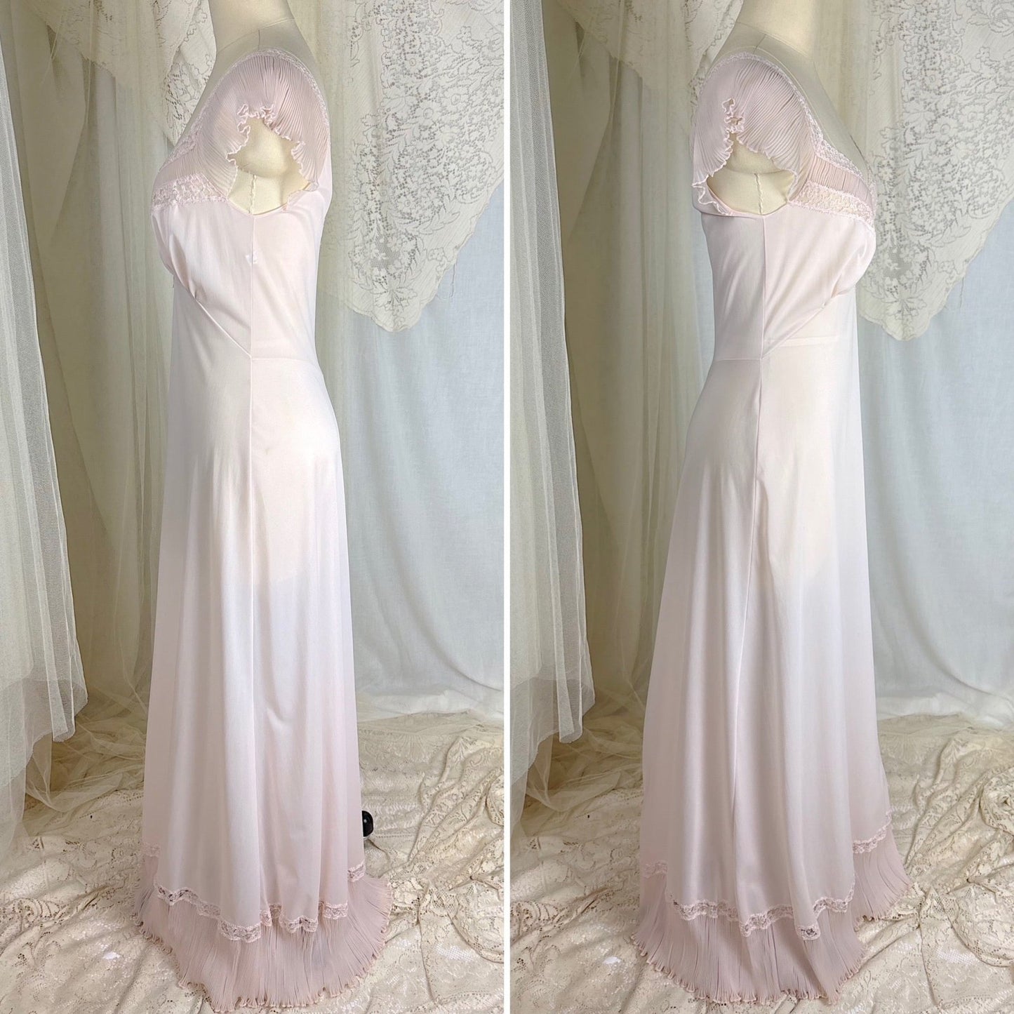 1950's Nightgown - Powder Pink Nylon with Ruffled Crystal Pleated Chiffon by Vanity Fair - Daggers & Dames