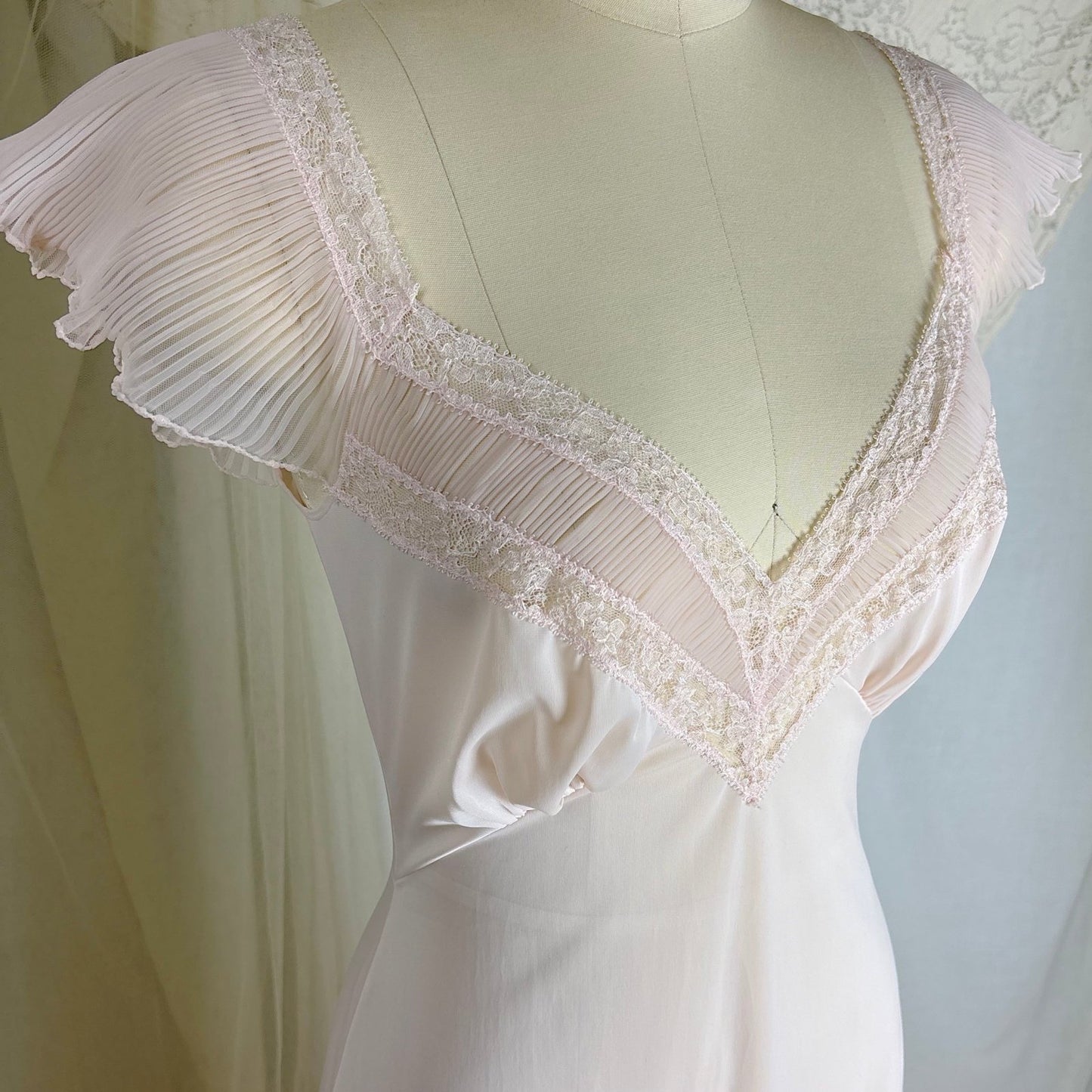 1950's Nightgown - Powder Pink Nylon with Ruffled Crystal Pleated Chiffon by Vanity Fair - Daggers & Dames