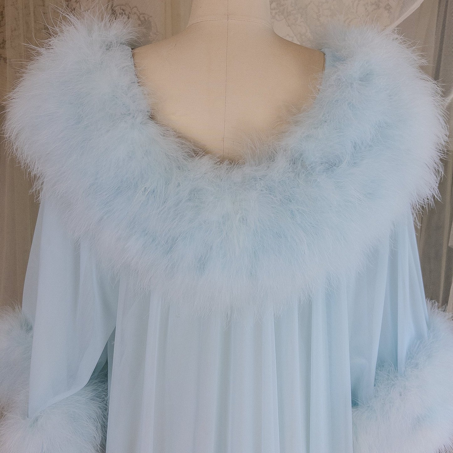 1960's Nightgown & Peignoir Set - Bright Baby Blue Nylon Chiffon with Marabou Feather Trim by Intime of California | Small, Medium - Daggers & Dames