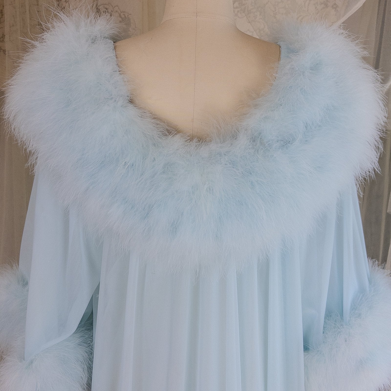 1960's Nightgown & Peignoir Set - Bright Baby Blue Nylon Chiffon with Marabou Feather Trim by Intime of California | Small, Medium - Daggers & Dames