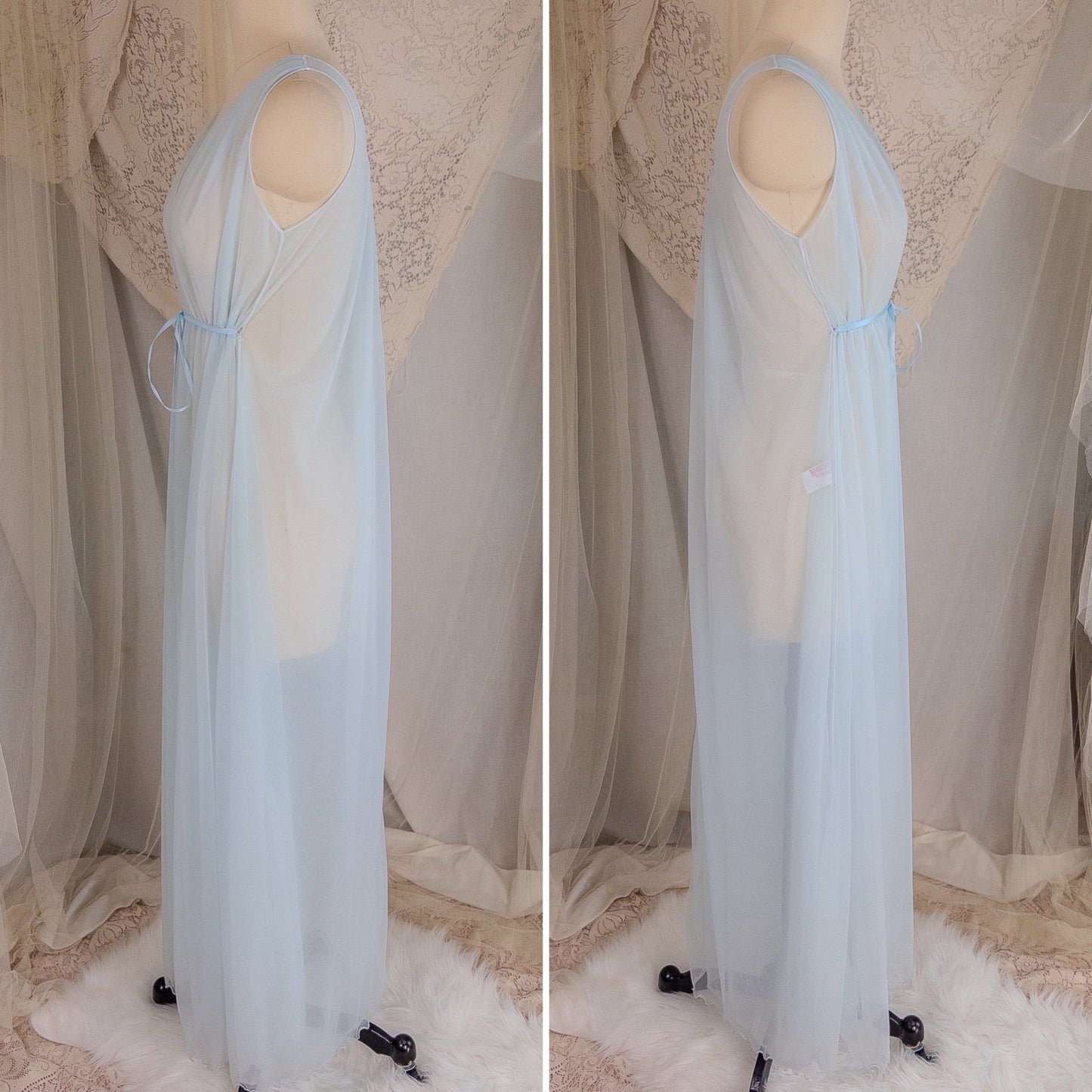 1960's Nightgown & Peignoir Set - Bright Baby Blue Nylon Chiffon with Marabou Feather Trim by Intime of California | Small, Medium - Daggers & Dames