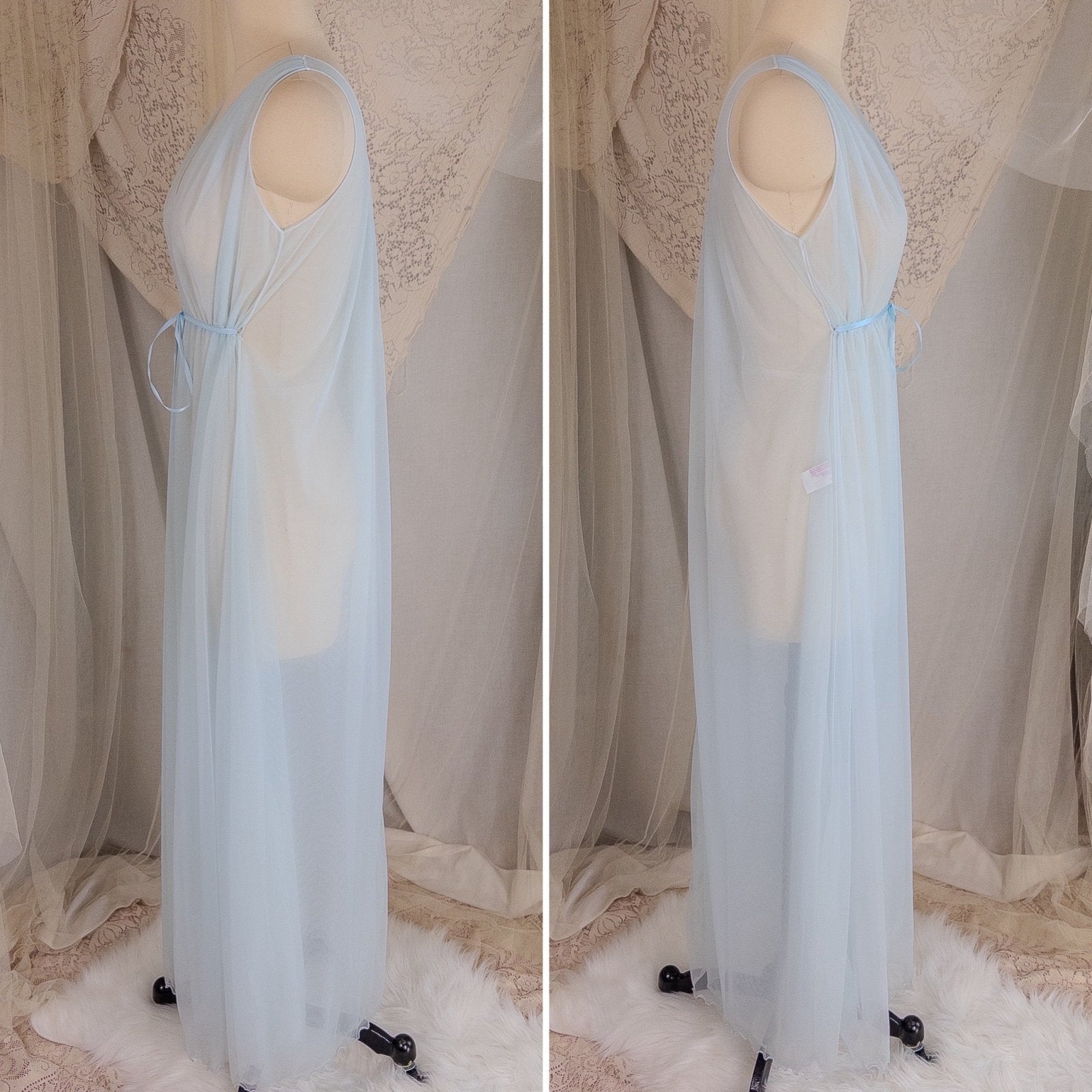 1960's Nightgown & Peignoir Set - Bright Baby Blue Nylon Chiffon with Marabou Feather Trim by Intime of California | Small, Medium - Daggers & Dames
