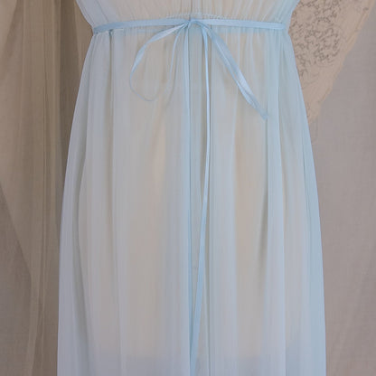 1960's Nightgown & Peignoir Set - Bright Baby Blue Nylon Chiffon with Marabou Feather Trim by Intime of California | Small, Medium - Daggers & Dames