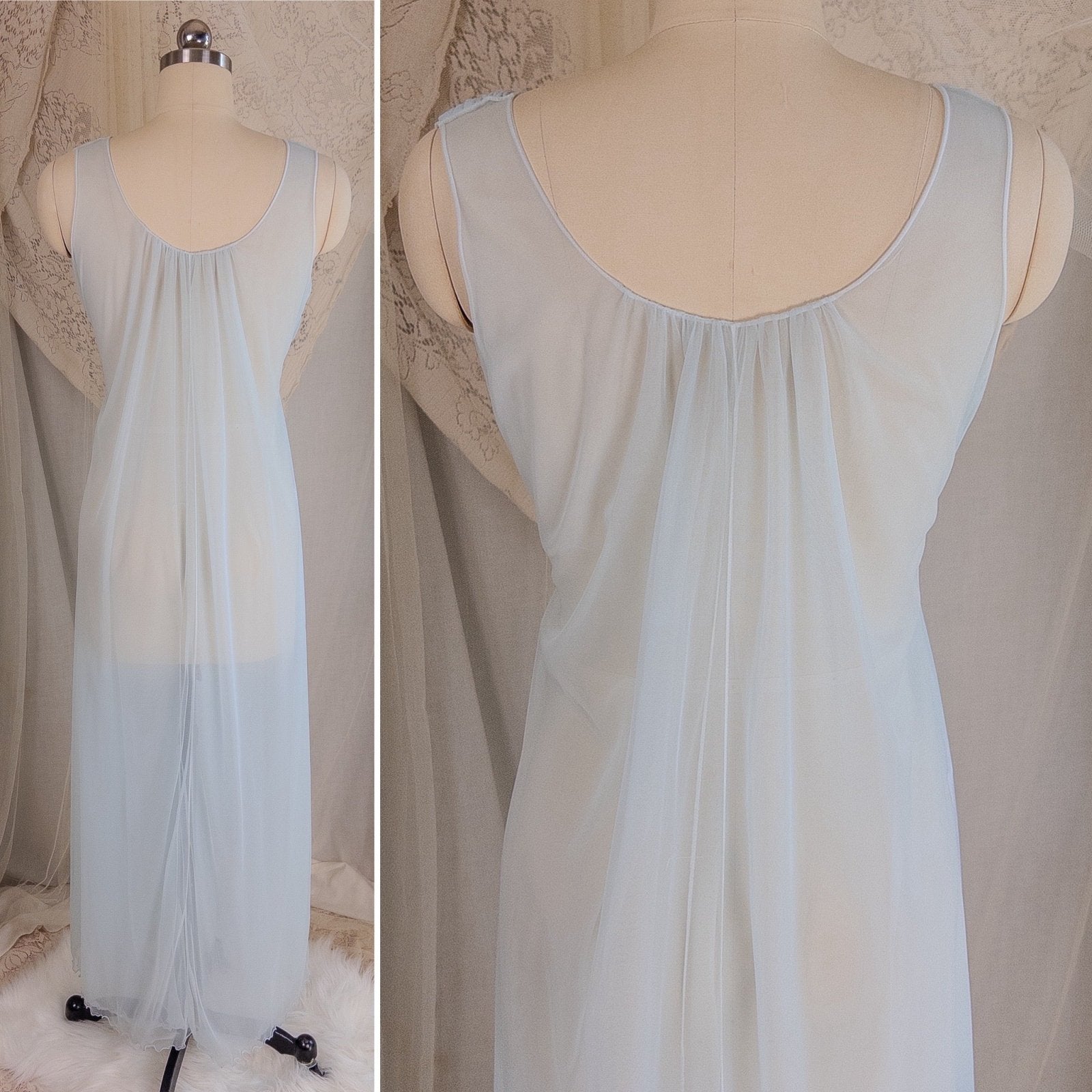 1960's Nightgown & Peignoir Set - Bright Baby Blue Nylon Chiffon with Marabou Feather Trim by Intime of California | Small, Medium - Daggers & Dames