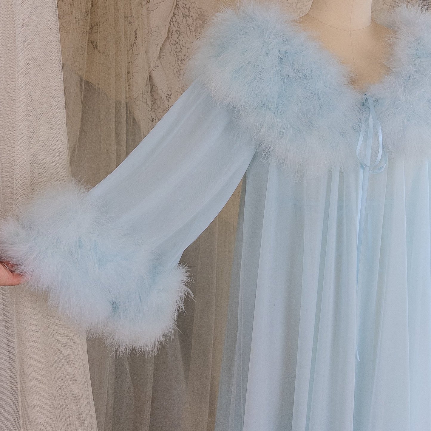 1960's Nightgown & Peignoir Set - Bright Baby Blue Nylon Chiffon with Marabou Feather Trim by Intime of California | Small, Medium - Daggers & Dames