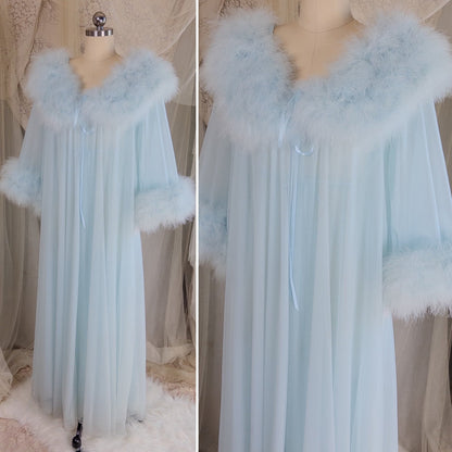 1960's Nightgown & Peignoir Set - Bright Baby Blue Nylon Chiffon with Marabou Feather Trim by Intime of California | Small, Medium - Daggers & Dames