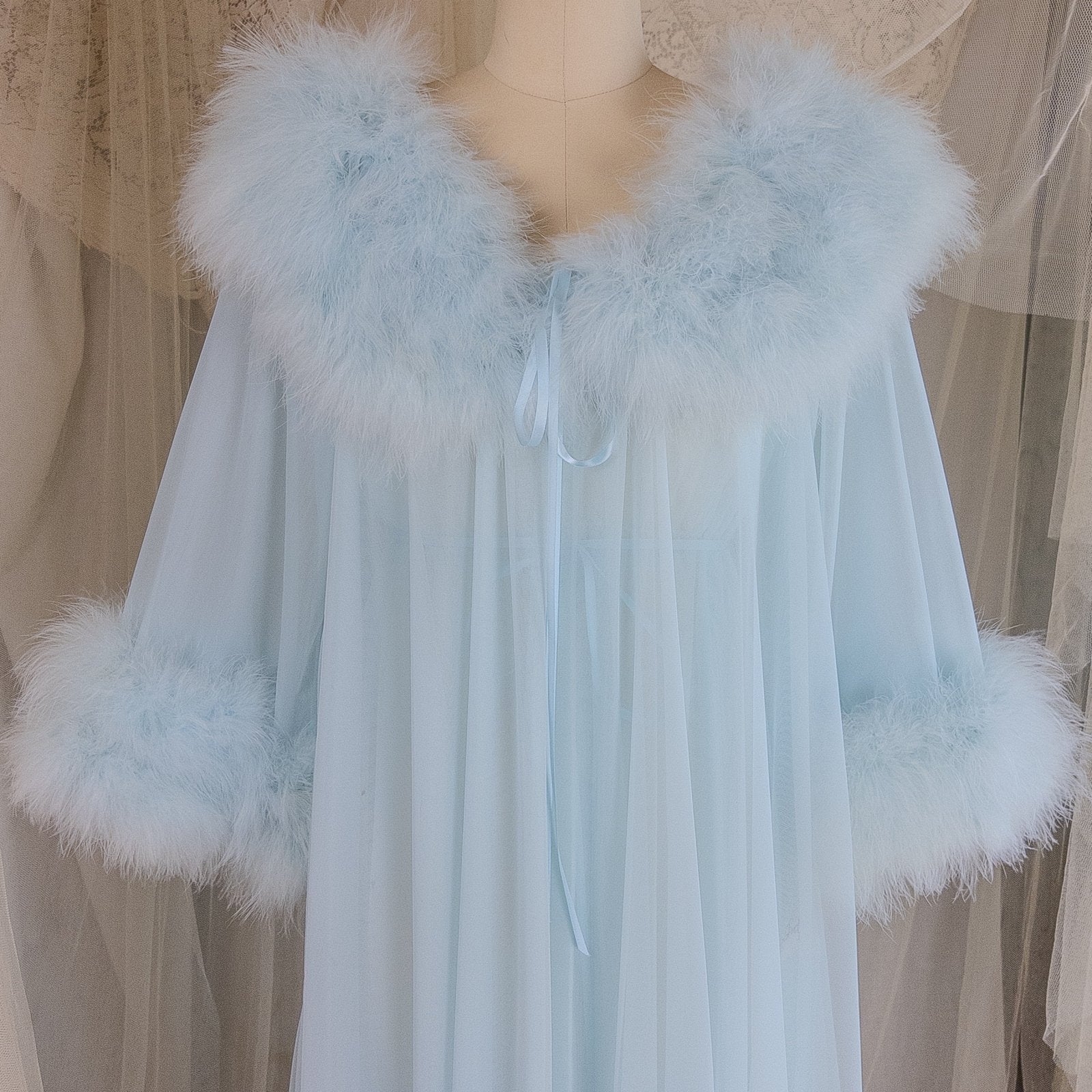 1960's Nightgown & Peignoir Set - Bright Baby Blue Nylon Chiffon with Marabou Feather Trim by Intime of California | Small, Medium - Daggers & Dames