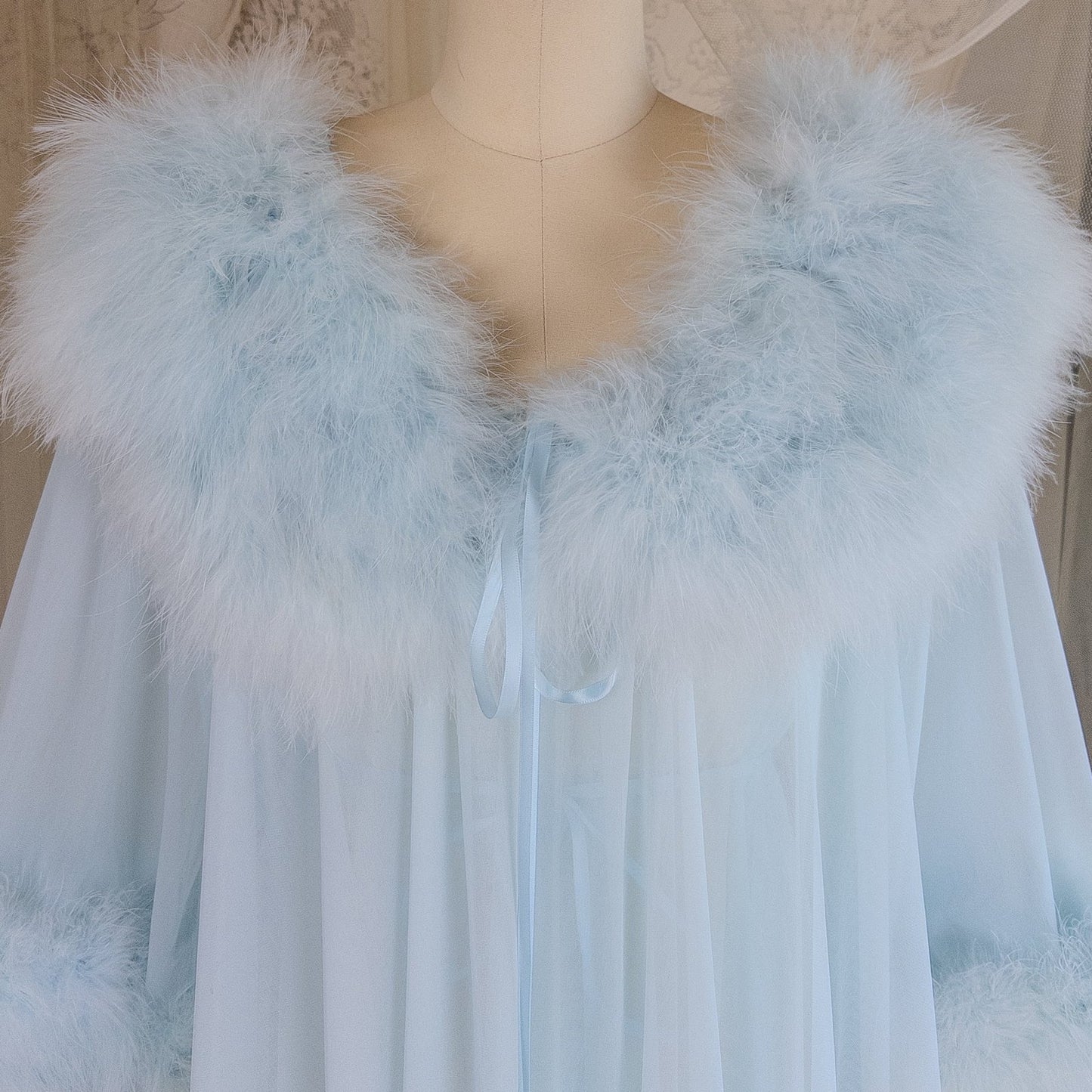 1960's Nightgown & Peignoir Set - Bright Baby Blue Nylon Chiffon with Marabou Feather Trim by Intime of California | Small, Medium - Daggers & Dames