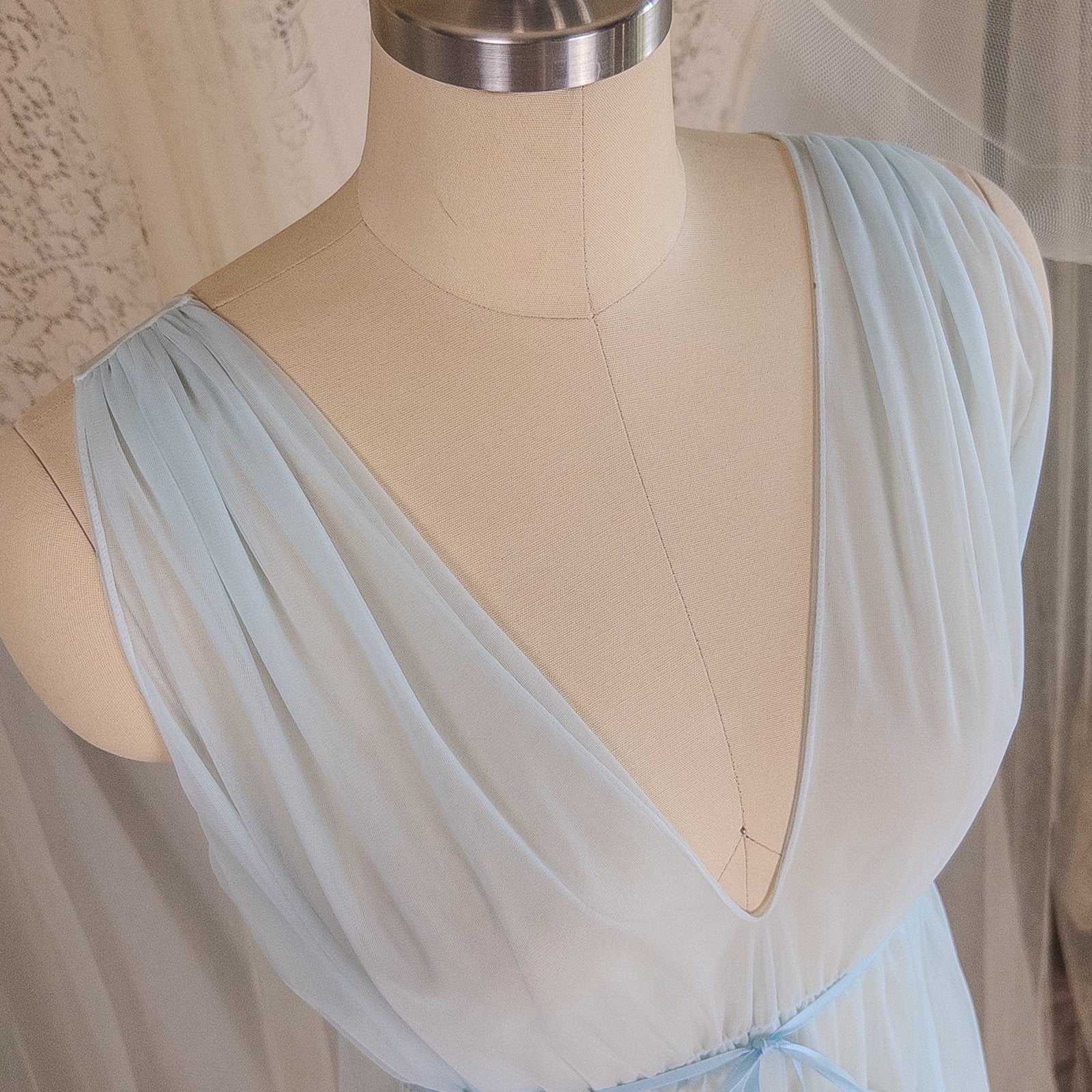 1960's Nightgown & Peignoir Set - Bright Baby Blue Nylon Chiffon with Marabou Feather Trim by Intime of California | Small, Medium - Daggers & Dames