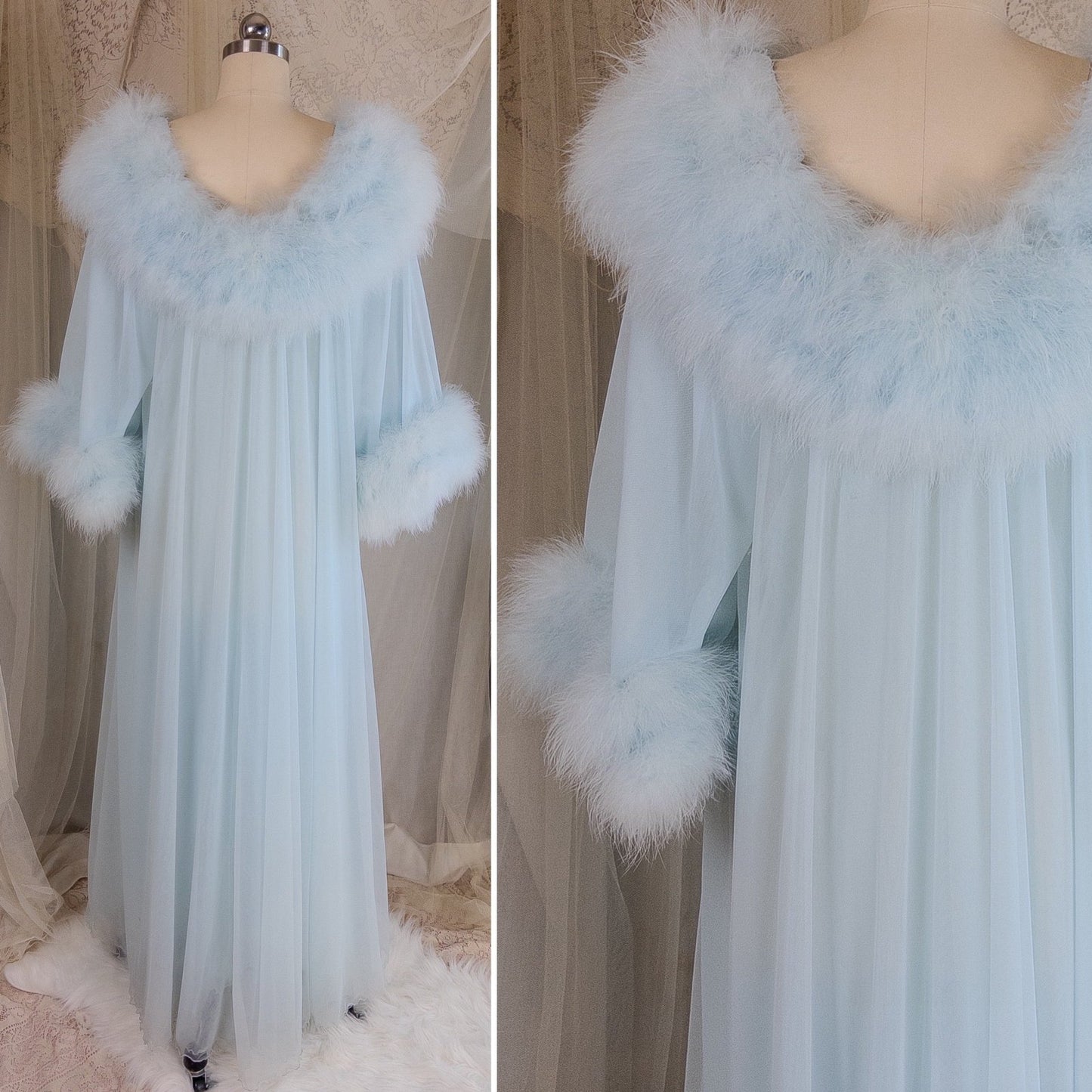 1960's Nightgown & Peignoir Set - Bright Baby Blue Nylon Chiffon with Marabou Feather Trim by Intime of California | Small, Medium - Daggers & Dames